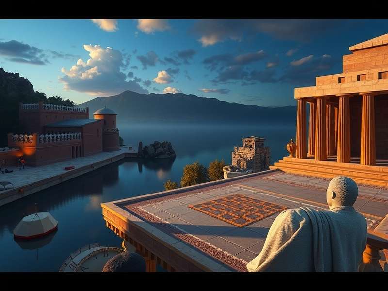 Artistic depiction of Herodotus and Plato in dialogue, with scrolls and geometric shapes