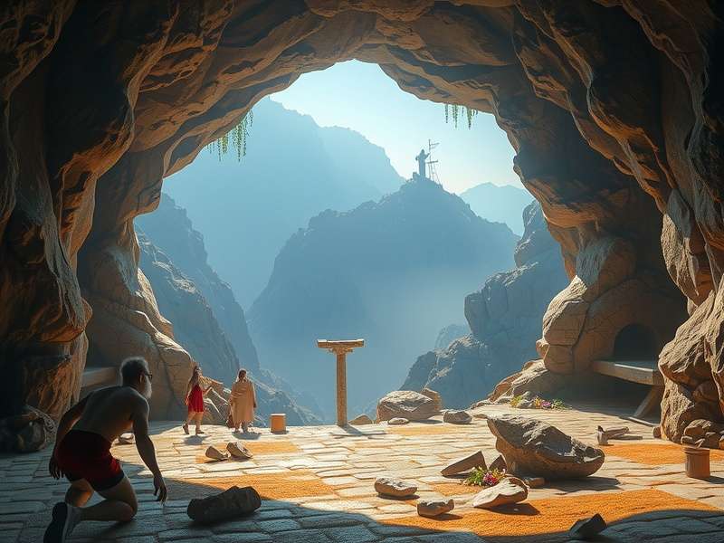 Artistic depiction of a cave with light shining in, representing Plato's Allegory