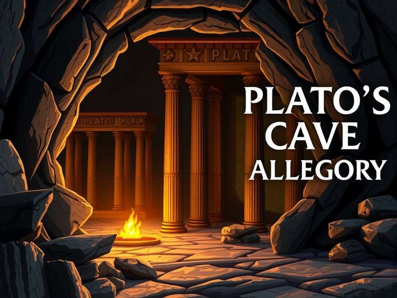A modern digital illustration representing Plato's Cave as a glowing server room with figures facing screens