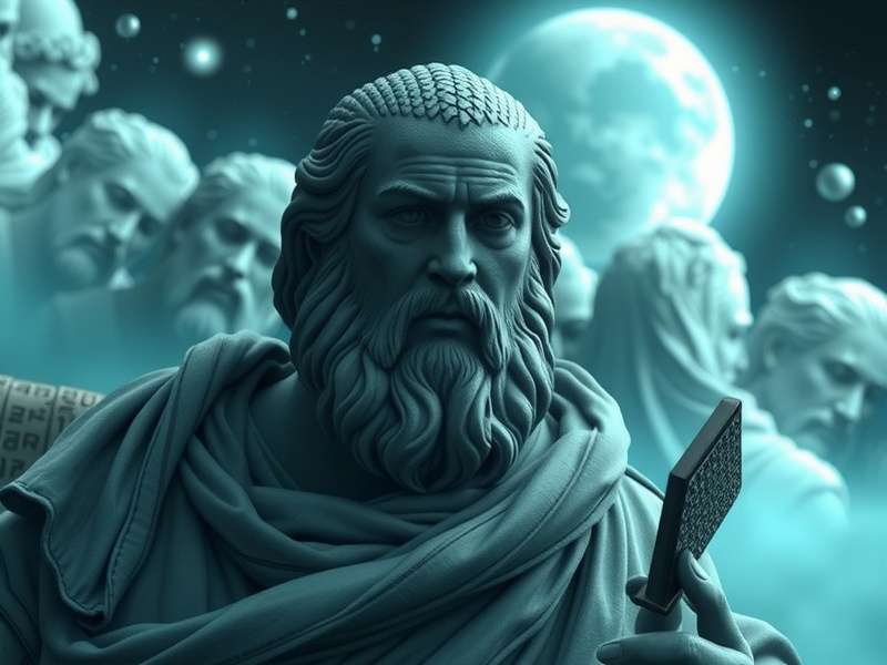 A stylized digital bust of Plato merging classical sculpture with circuit board patterns