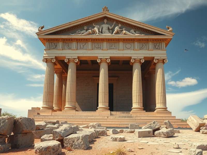 Digital art blending classical Greek columns with computer code and game controllers