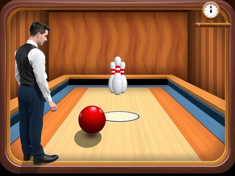 Close-up of a mobile phone showing Plato Game Bowling with a strike in progress