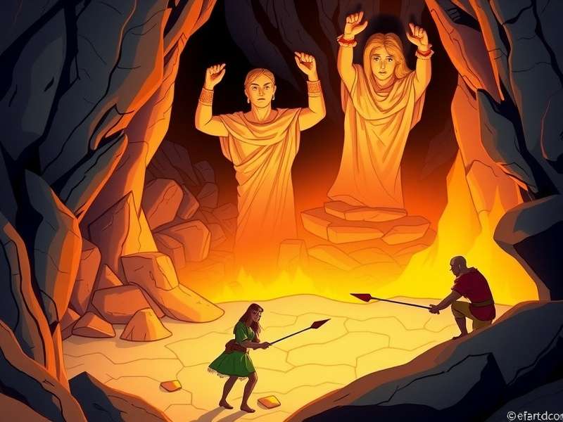 A dimly lit cave interior with dramatic light casting long shadows, representing Plato's Allegory