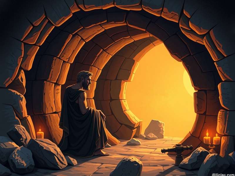 A digital artistic representation of Plato's Cave with shadows and light, symbolising the game world