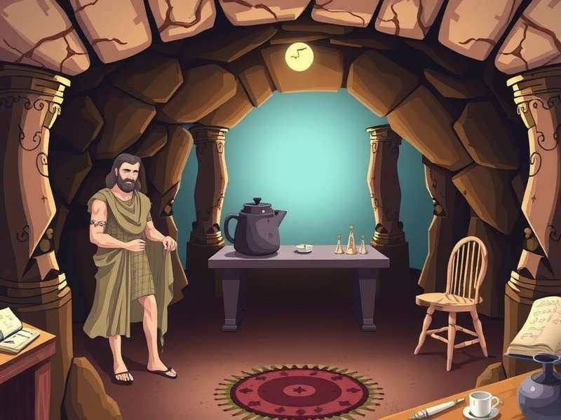 Illustration of Plato's Cave showing shadows on a wall from a fire, with one figure turning towards the light