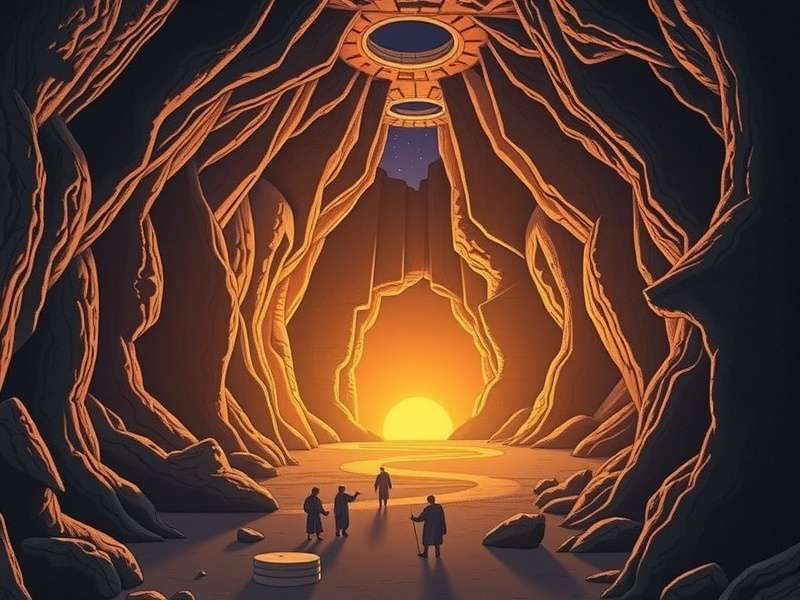 Plato's Cave allegory illustration – shadows on the wall of a dark cave with a fire behind