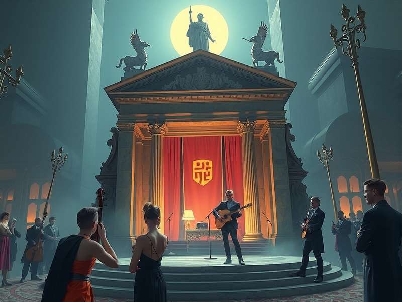 Concept art of the Harmonic Conservatory in Concerto Plato, showing floating musical staves and ancient architecture.