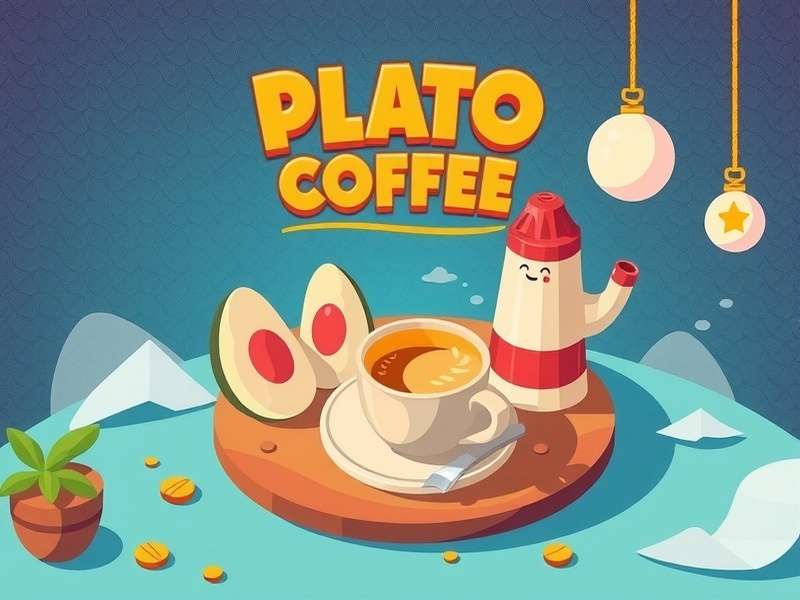 A steaming coffee cup surrounded by ancient Greek philosophy symbols and books, representing Plato Coffee culture.